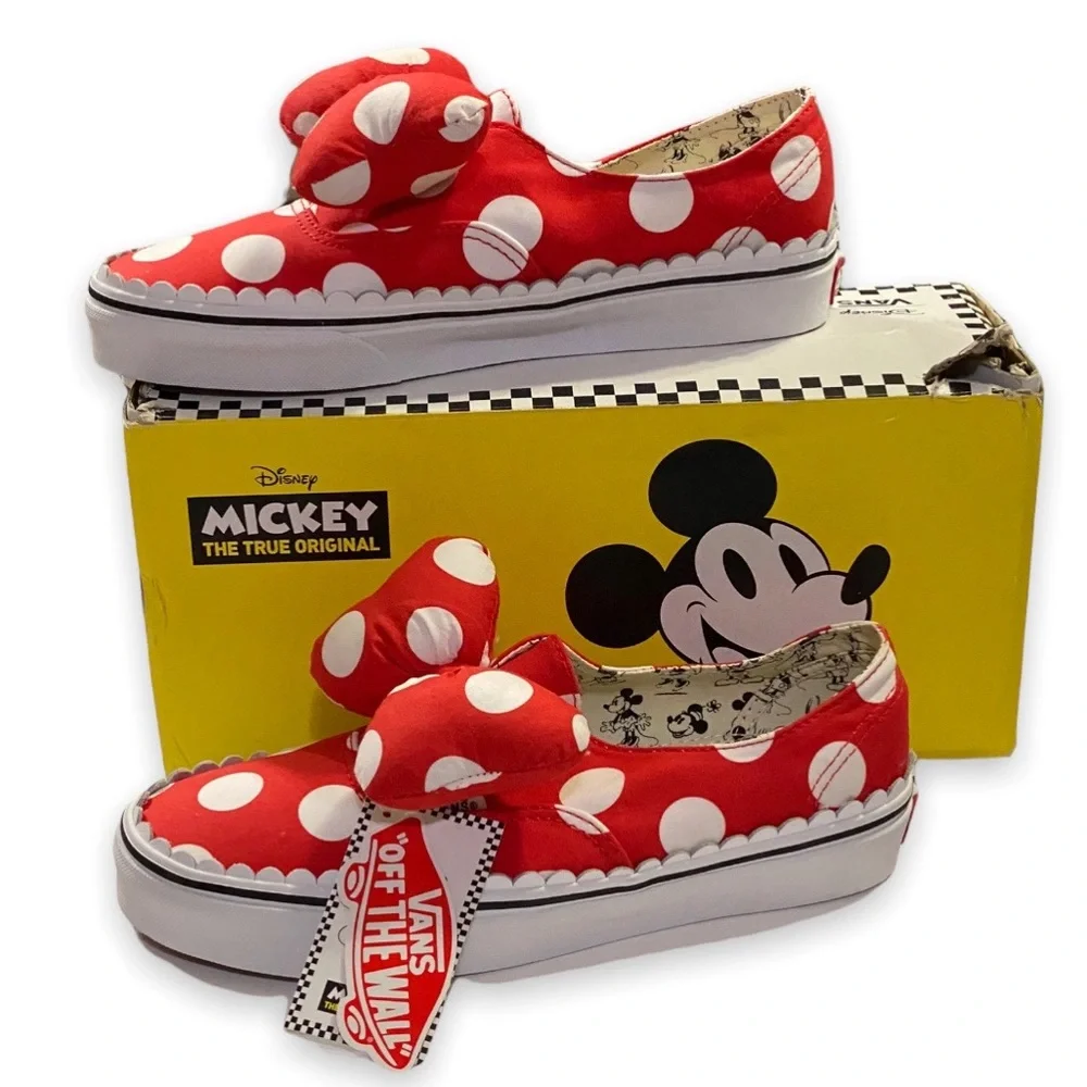NWT Vans x Disney Minnie Mouse Red Polka Dot Puffy Bow Slip On Sneakers Size 9 - Picture 4 of 11